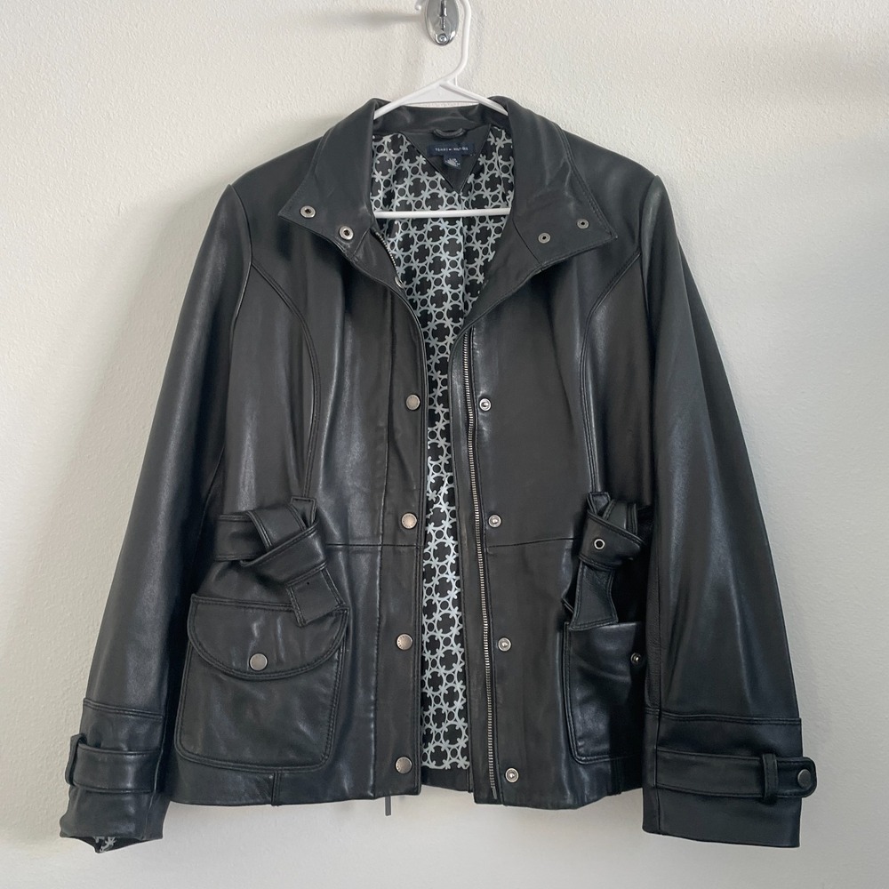 VTG‎ 90s Tommy Hilfiger Leather Jacket Women L Black Zip Minimalist Rachel Green - Picture 2 of 9